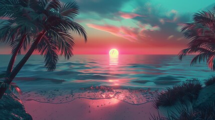 Poster - Amazing sunset over the ocean. Pink clouds and palm trees. Tranquil scene.