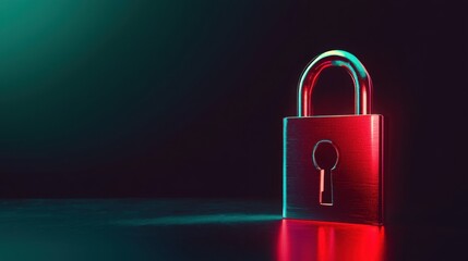 Poster - Red padlock on a black background representing cybersecurity vault with a glowing lock for data protection