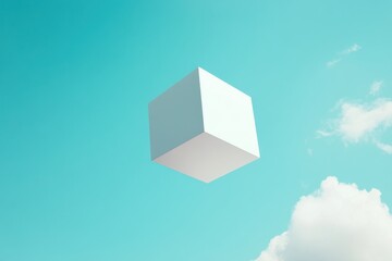 Fototapete - Floating white cube against a blue sky with soft clouds enhancing the surreal atmosphere of the scene