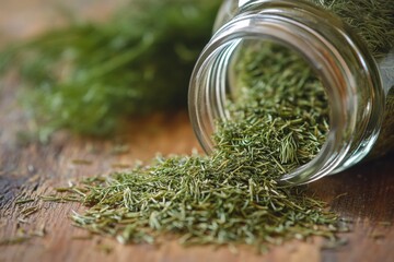 Poster - Dried herbs spill from a glass jar onto a rustic wooden table in a warm kitchen environment