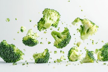 Poster - Broccoli pieces suspended in mid-air against a light backdrop showcasing fresh vegetables