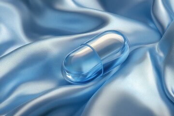 Leinwandbilder - Bright blue capsule rests on soft satin fabric creating a tranquil aesthetic in a serene setting