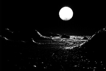 Poster - Alien planet landscape in retro dotwork style. Planets and satellites over unknown planet in space. Sci-fi world landscape beyond our galaxy.