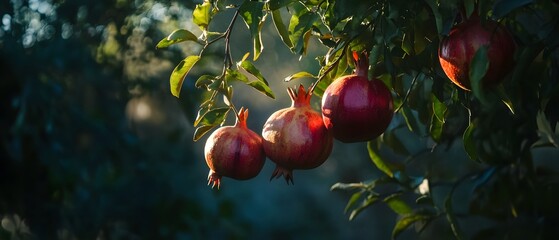 Poster - Vibrant ripe pomegranates hanging from lush green branches illuminated by natural light and contrasting shadows creating a contemporary cinematic aesthetic