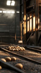 Poster - industrial depositing a pile of potatoes onto a large surface next to a warehouse illuminated by dra