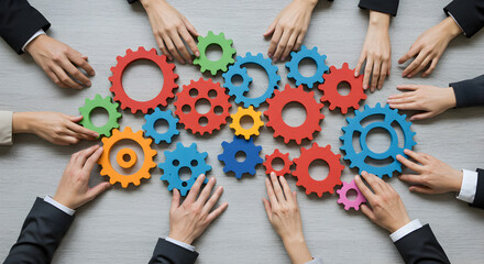 Poster - Many Hands Assembling Colorful Gears on Concrete Background Representing Collaboration and Teamwork