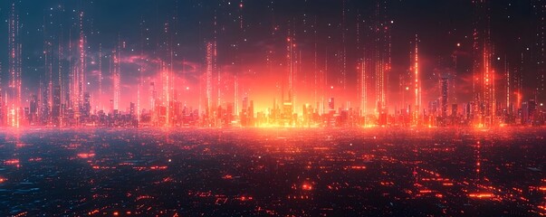 Poster - futuristic cityscape glowing with data streams representing financial growth and corporate influence