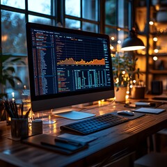 Poster - a modern workspace with financial data analysis on a desktop computer screen long title a cozy focus