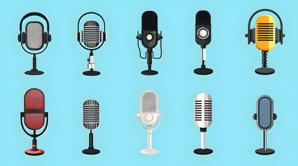 Poster - Diverse Set of Microphone Icons on Bright Blue Background
