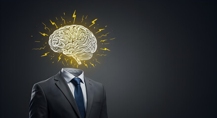 Poster - Headless Business Man with Glowing Brain Concept for Innovation in Artificial Intelligence on Dark Background