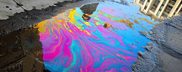 Poster - vibrant reflection of colorful patterns puddle city street, showcasing mix of blue, pink, and yellow hues. scene captures