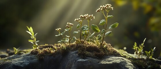 Poster - A tough textured desert plant with small flowers illuminated by contemporary cinematic lighting for a moody atmospheric effect
