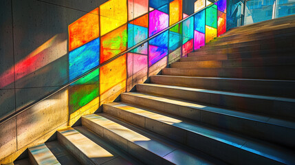 Poster - Colorful stained glass reflections illuminate staircase, creating vibrant and artistic atmosphere. interplay of light