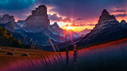 Fototapete - A mountain range with a sunset in the background. The mountains are covered in snow and the sun is setting