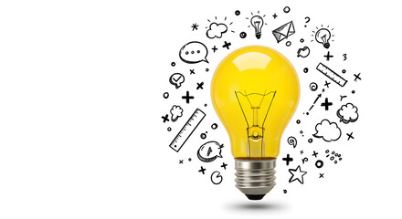 Poster - Glowing Yellow Light Bulb Surrounded By Hand Drawn Doodle Shapes On White Background