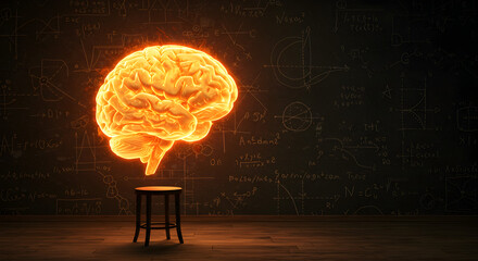 Poster - Glowing Orange Artificial Brain Above Chair on Concrete Floor in a Dark Room with Geometric Background
