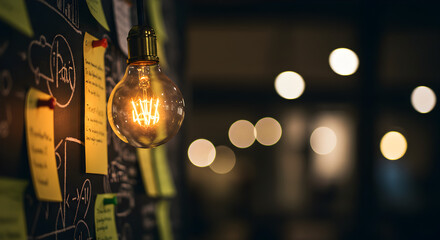 Poster - Glowing Filament Bulb on Black Wall with Sticky Notes and Bokeh Lights Creates an Idea Concept
