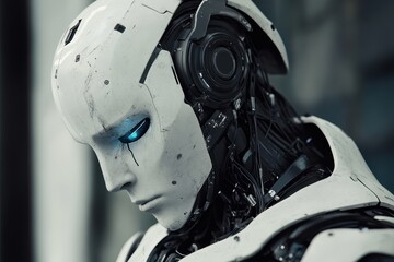 Poster - Futuristic robot with detailed features and glowing blue eyes in a high-tech setting