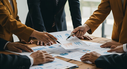 Poster - Business Team Analyzing Financial Charts and Data at a Meeting with Wooden Table in Bright Office