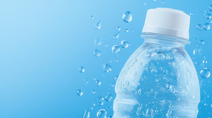 Poster - refreshing plastic water bottle with condensation droplets against blue background, symbolizing health, hydration, and daily water consumption