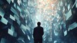 © CybStars - A man stands before a cascade of floating papers in a surreal, dreamlike environment, symbolizing overwhelming tasks and information.