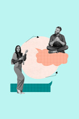 Poster - Creative banner collage of two people girl guy use cellphone speaking with text box