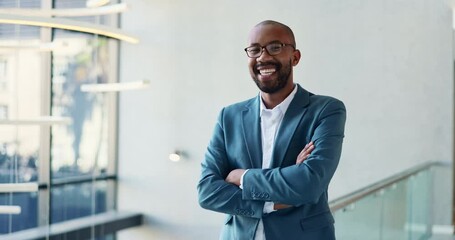 Poster - Arms crossed, face and smile of business black man in convention center for career or upskill development. Conference, corporate and happy with confident African employee at tradeshow for opportunity