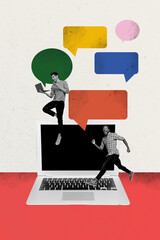 Poster - Sketch vertical poster image collage of two happy guys stand laptop device keypad receive message communication chatterbox