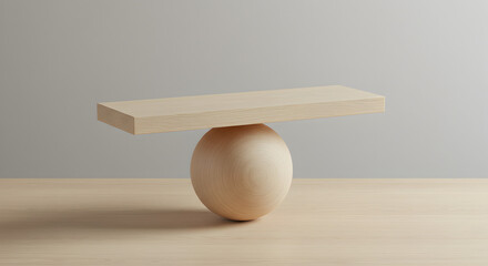 Poster - Still Life Depicting Geometric Shapes Balancing in Beige Tones on Wooden Table in Minimalist Arrangement