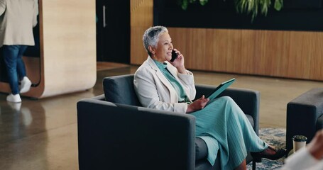 Aufkleber - Business, phone call and tablet with woman in lobby of office for communication or planning. Foyer, conversation and research with happy mature employee in workplace for negotiation or update