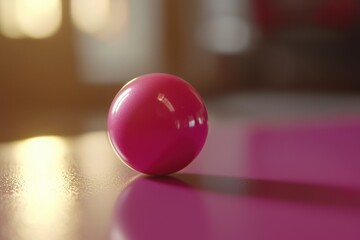 Poster - A glossy pink sphere rests on a reflective surface, creating a play of light and shadow, with a soft, blurred background adding depth and a sense of calm and serenity.