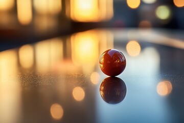 Poster - a captivating close-up of a reflective brown sphere, perched on a glossy surface, illuminated by a w