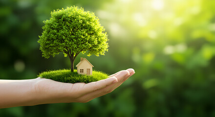 Poster - Human Hand Holding Miniature House with Green Tree in Natural Sunlight on Greenery Background