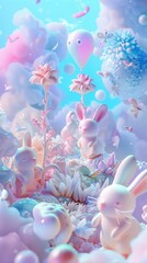 Wall Mural - meadow and bunnies outdoors balloon nature.