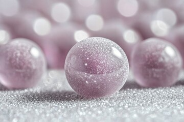 Poster - Close-up shot featuring frosted mauve beads sitting upon glittering silver bead, creating an ethereal and magical ambiance, with soft focus and delicate highlights.