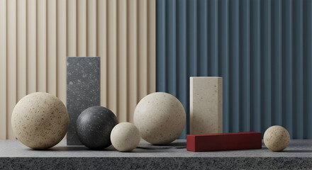 Poster - Geometric Still Life with Terrazzo Spheres and Rectangles Against Textured Walls in Beige and Blue