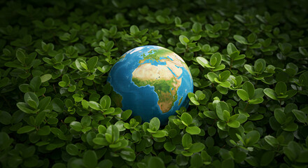 Poster - Earth Globe Nestled Among Lush Green Leaves Symbolizing Environmental Conservation and Ecological Sustainability
