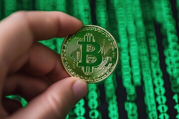 Poster - Hand holding golden bitcoin coin over green code