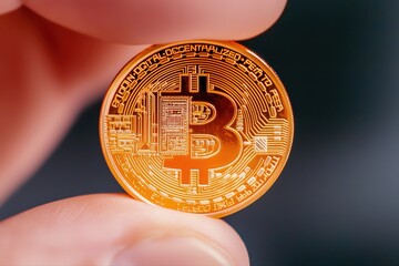 Poster - Orange bitcoin coin held by finger close-up shot