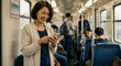 © Adobe - Woman using phone on train