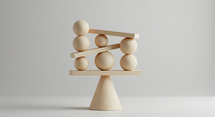 Poster - Balanced Wooden Sphere and Block Tower on White Table with Neutral Background in Studio Lighting