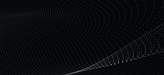 Poster - Futuristic dot wave. Abstract digital particle wave. Black and white music wave. Dark background. Digital background with smooth wavy curves. 3D vector illustration