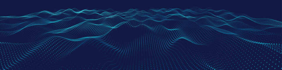 Fototapete - Futuristic dot wave. Abstract digital particle wave. Technology background. Colored musical wave. Dark background. Digital background with smooth, wavy curves. 3D vector illustration