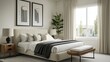 © Roun Sreylak - A modern bedroom with a slim frame containing an abstract black-and-white print, complementing the clean lines and neutral tones.