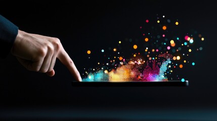 Canvas Print - Hand touching tablet, colorful particles