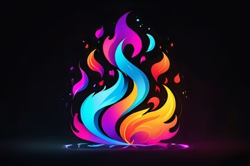 Poster - Vibrant multicolored flame design with flowing curves in neon blue, purple, pink, and orange against dark background, creating dynamic abstract art composition.