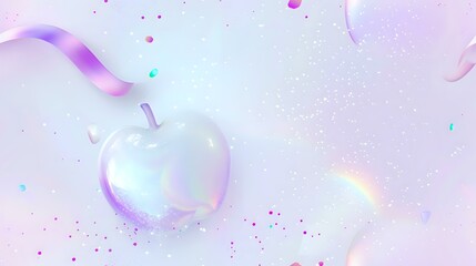 Poster - Ethereal glass apple with iridescent rainbow reflections on soft pastel background with floating sparkles and gentle ribbons creates dreamy atmosphere.