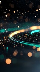 Poster - Abstract curved light trails with glowing turquoise and golden streaks against dark background, surrounded by bokeh effects and sparkles creating magical atmosphere.