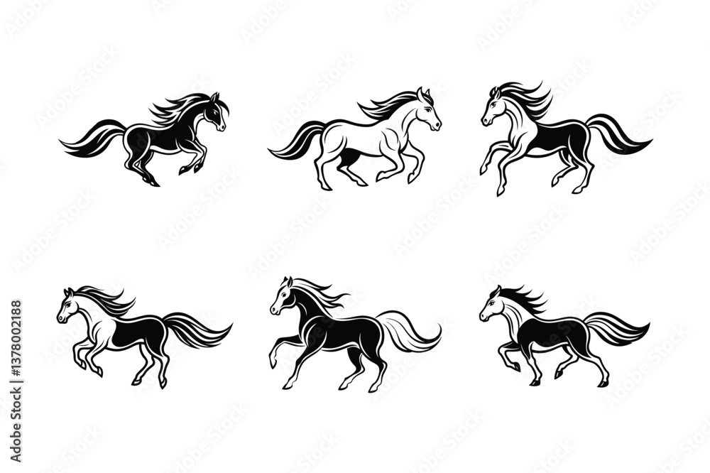 Six Black and White Running Horse Silhouettes Stock Vector | Adobe Stock