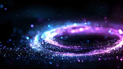 Poster - Magical swirling light trail with glowing particles in space, blue and purple neon cosmic dust creating spiral galaxy effect against dark background.